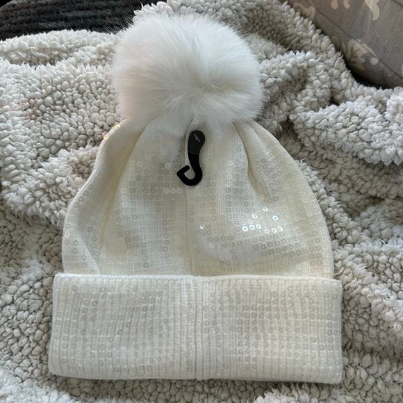 C.C Women’s White Sequin Pom Pom Knit Beanie & Silver Cubic Zirconia Earrings - Picture 11 of 16